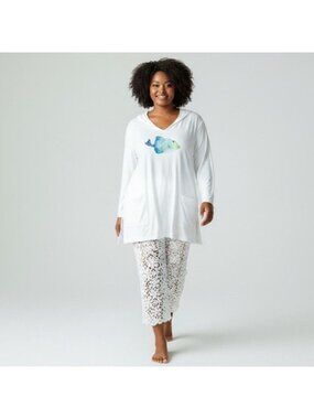 ICantoo Womens White Hooded Cotton Pullover Top W Fish Graphic 2XL Long Sleeve